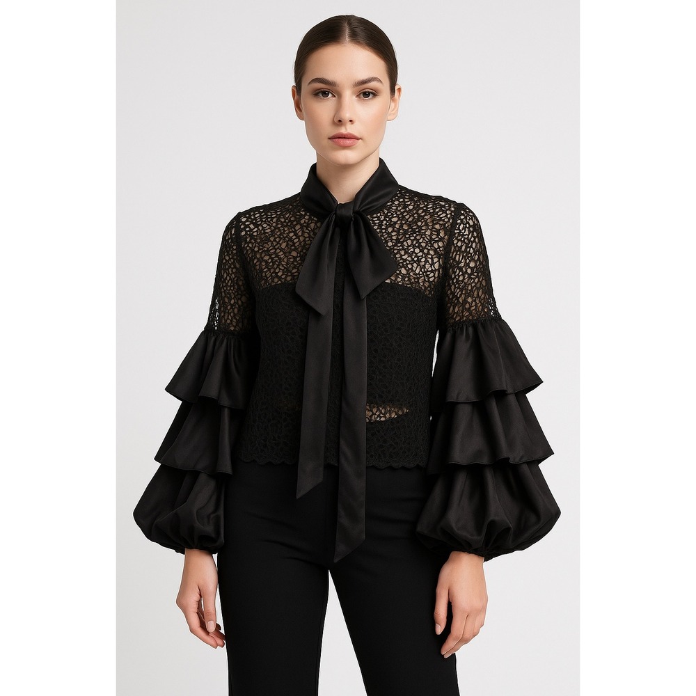 Coby Co Black Lace Blouse Top Tie Neck Ruffle Long Sleeve Elegant‎ Party
